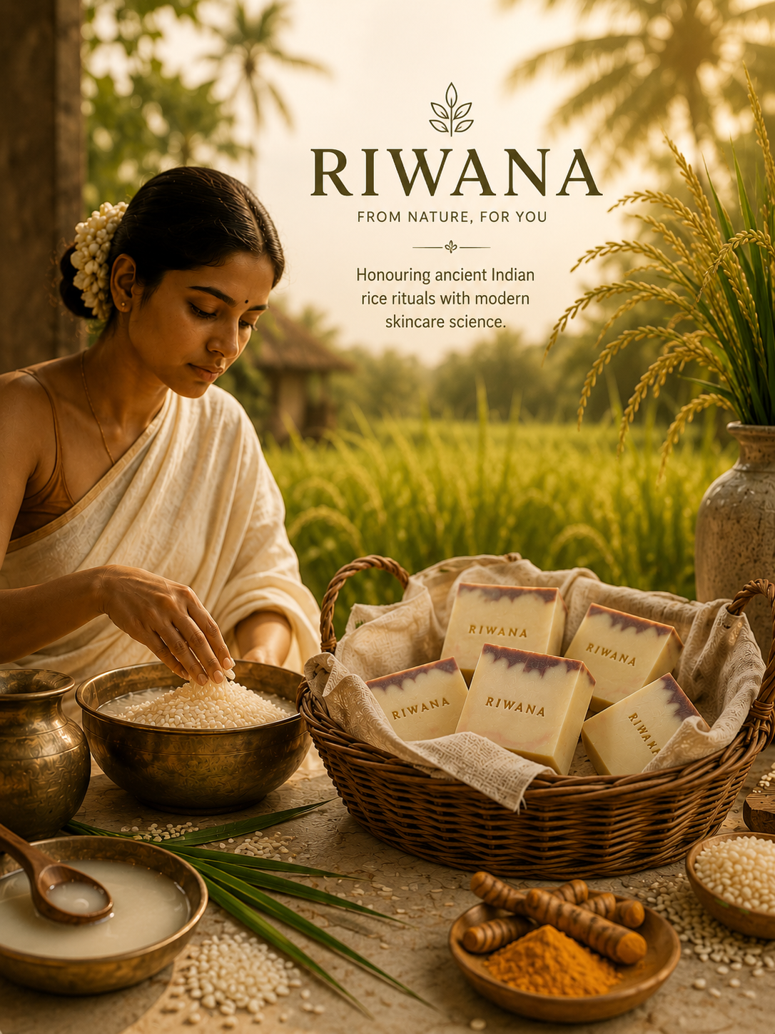 A woman in a white saree preparing rice-based skincare, surrounded by rice stalks and RIWANA soaps